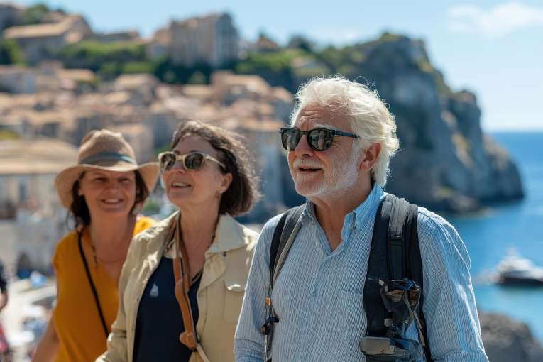A group on Holiday stood by the coast