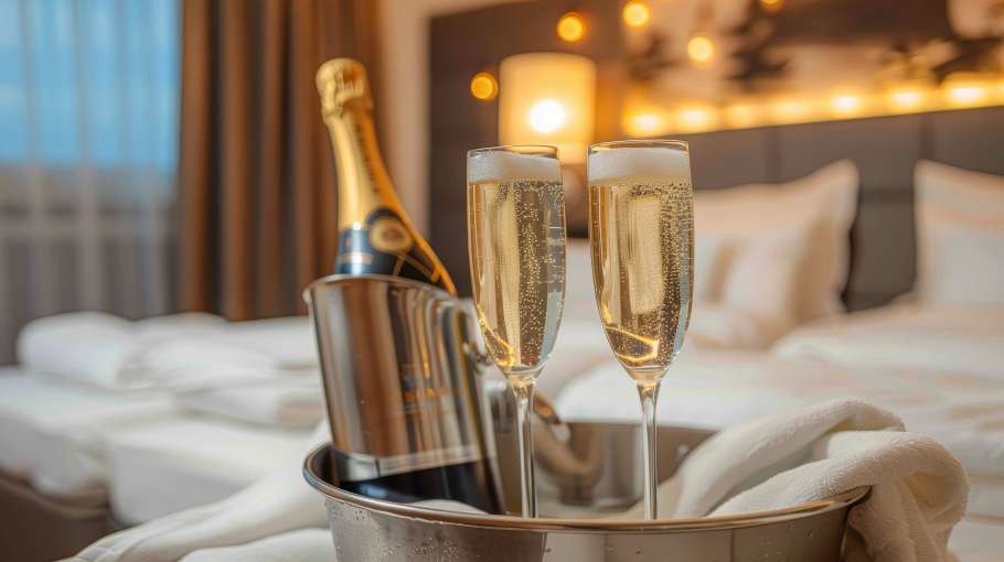 A bottle of Champagne in an ice bucket with two full flutes on a tray in a luxurious hotel room