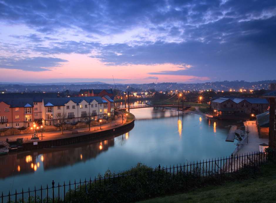 Exeter Canal and Exeter Quay Aerial View in the Evening South Devon