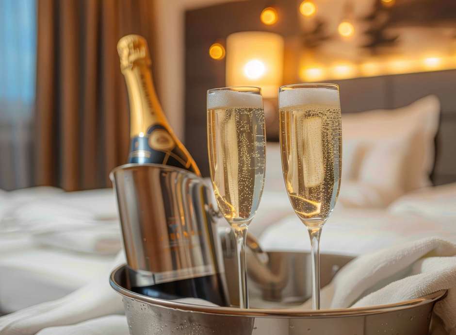 A bottle of Champagne in an ice bucket with two full flutes on a tray in a luxurious hotel room